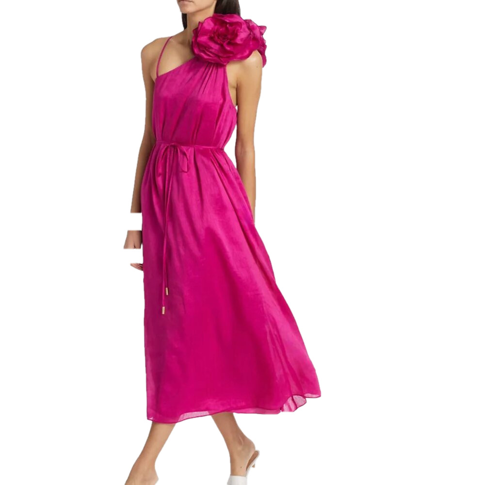 Aje One-Shoulder Fuchsia Midi Dress with Floral Detail